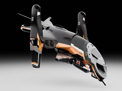 Futuristic Modern Fighter Jet With Black Gray Orange Color Scheme And Sleek Design 3d model