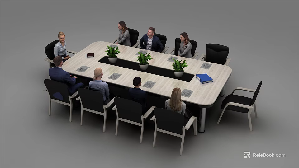 Modern Conference Table With Green Plants And Business People In Meeting Room 3d model 