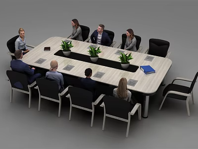 Modern Conference Table With Green Plants And Business People In Meeting Room 3d model