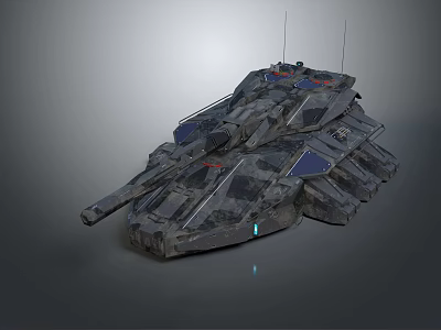 Futuristic Armored Vehicle With Complex Armor Antennas Camouflage Texture And Blue Light 3d model