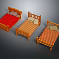 Set of Three Wooden Frame Double Beds With Colorful Mattresses And Pillows