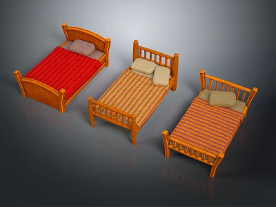 Set of Three Wooden Frame Double Beds With Colorful Mattresses And Pillows 3d model