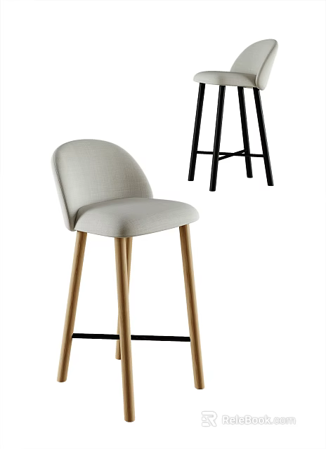 Modern Light Gray Fabric Bar Stool With Wooden Legs And Backrest Design 3d model 
