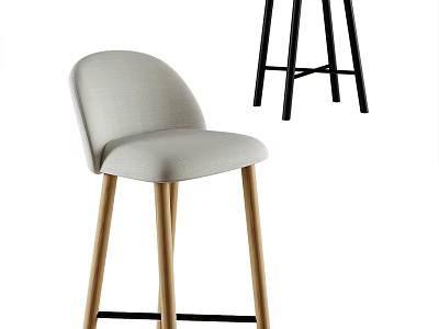 Modern Light Gray Fabric Bar Stool With Wooden Legs And Backrest Design 3d model