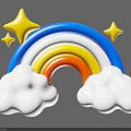 Playful 3D Render Of Colorful Rainbow With Fluffy Clouds And Shiny Stars Decoration