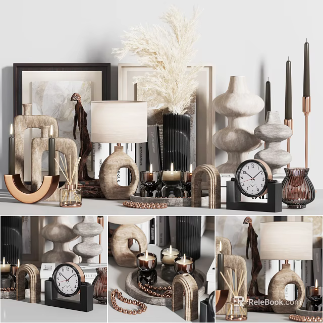 Decorative Ornament Sets With Table Lamp Vase Clock Sculptures Candles Frames And Pampas Grass 3d model 