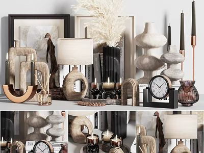 Decorative Ornament Sets With Table Lamp Vase Clock Sculptures Candles Frames And Pampas Grass 3d model