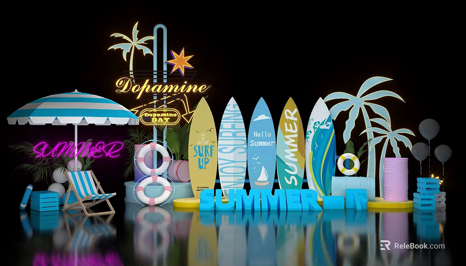 Summer Photo Spot With Neon Palm Trees Surfboards Umbrella And Deck Chair 3d model 