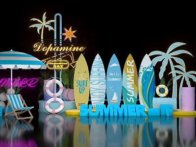 Summer Photo Spot With Neon Palm Trees Surfboards Umbrella And Deck Chair 3d model