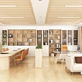 Modern Office Interior Featuring Wooden Ceiling Large Windows Sofa Area Conference Table And Green Plants