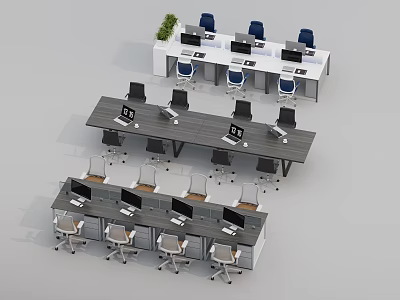Modern Office Desks With Ergonomic Chairs Computers And Green Plants In Workspace 3d model