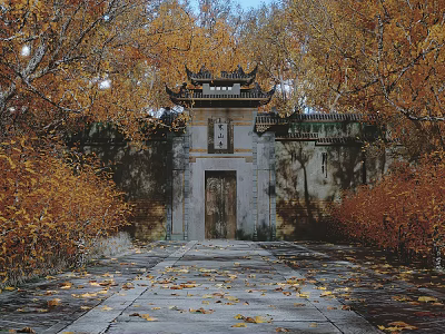 Traditional Chinese Gateway With Classic Roof Plaque And Golden Autumn Leaves Around Stone Walls 3d model