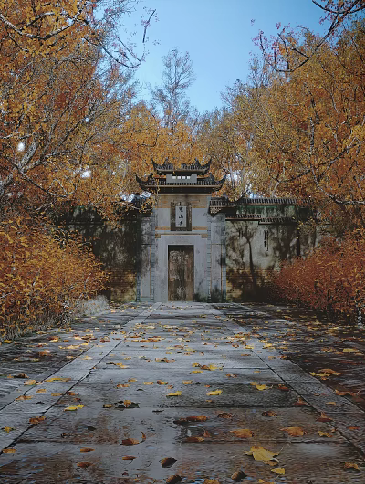 Traditional Chinese Gateway With Classic Roof Plaque And Golden Autumn Leaves Around Stone Walls 3d model
