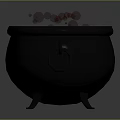 Black Cauldron With Red Liquid And Floating Red Cherries On Gray Background