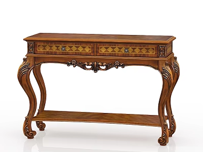 Ornate Wooden Console Table With Carved Legs Two Drawers And Geometric Inlays 3d model