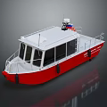 Red And White Boat With Deck Railings Cabin Structure And Top Antenna Equipment