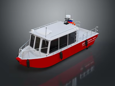 Red And White Boat With Deck Railings Cabin Structure And Top Antenna Equipment 3d model