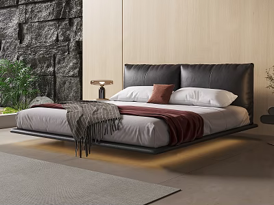 Modern Double Bed Black Leather Headboard Stone Wooden Wall Green Plant Floating Design Underbed Lighting 3d model
