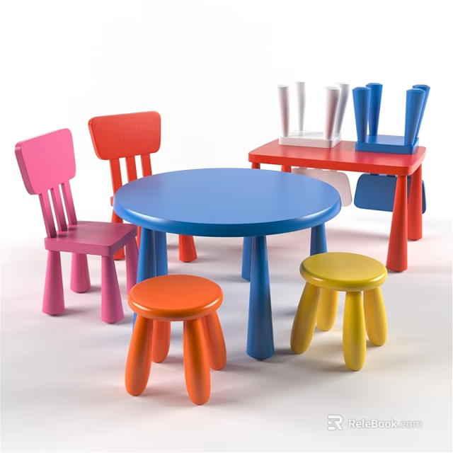 Colorful Kids Table and Chair Set With Round Blue Table Backrest Chairs and Stools 3d model 