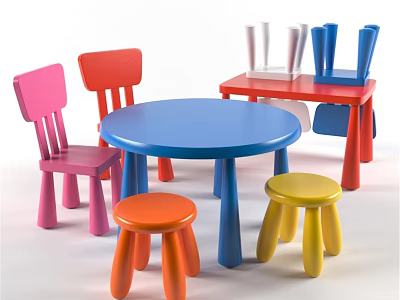 Colorful Kids Table and Chair Set With Round Blue Table Backrest Chairs and Stools 3d model