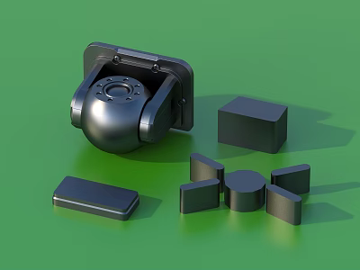 Black Mechanical Part With Black Cube Cylinder Triangular Prism And Other Shapes On Green Background 3d model