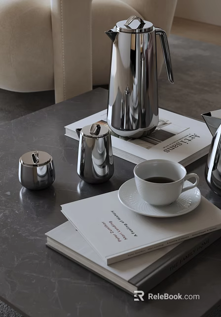 Elegant Stainless Steel Tea Set With White Cup Saucer And Magazines On Gray Table 3d model 