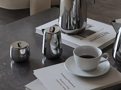 Elegant Stainless Steel Tea Set With White Cup Saucer And Magazines On Gray Table 3d model