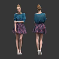 Woman In Blue Sweater And Plaid Skirt With White High Heels Front Back Views