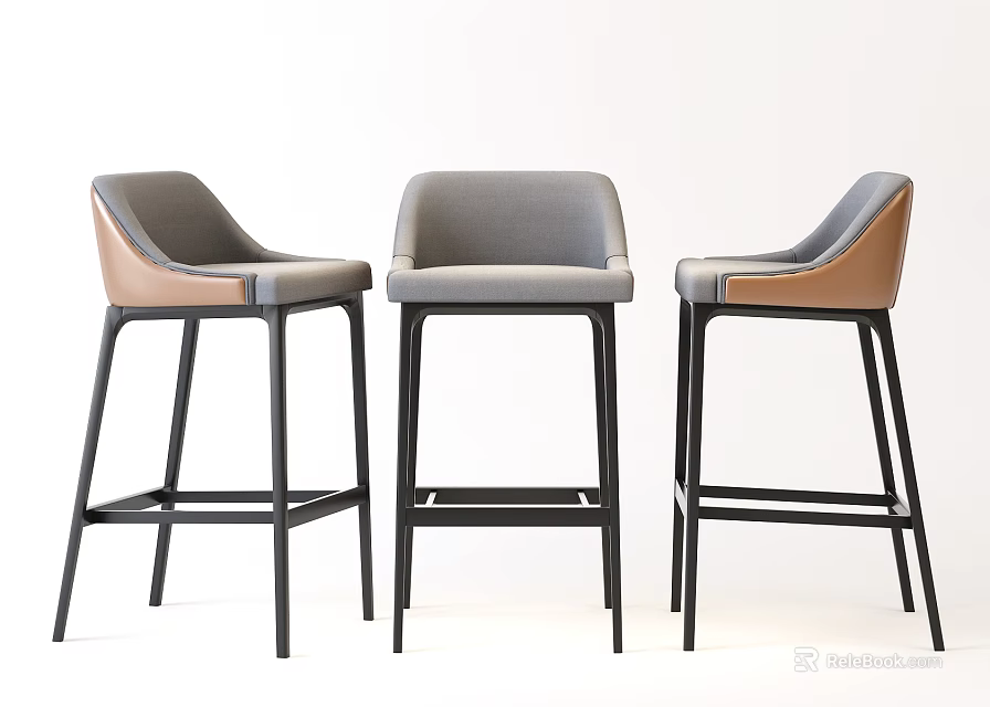Modern Bar Stools With Gray And Brown Upholstery And Black Metal Legs Design 3d model 