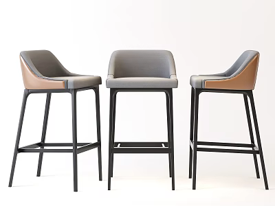 Modern Bar Stools With Gray And Brown Upholstery And Black Metal Legs Design 3d model