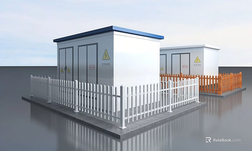 Modern Box type Industrial Equipment With Blue Roof White Fence And Warning Signs 3d model 