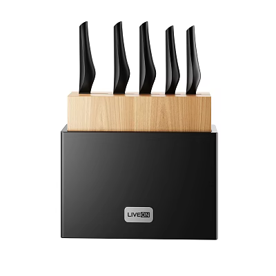 Sleek Modern Cooking Utensils With Wooden Top Black Storage Rack And Five Tools 3d model