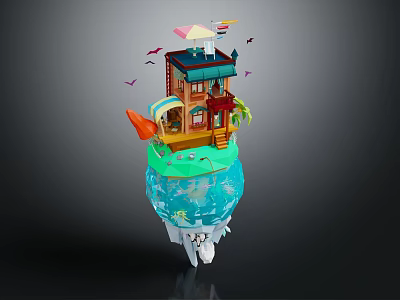 Colorful Cartoon Floating Island Scene With House Umbrella Slide And Underwater Fish 3d model