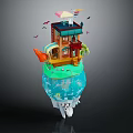 Colorful Cartoon Floating Island Scene With House Umbrella Slide And Underwater Fish