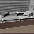 Modern Bay Window Cabinet with Cushioned Seat Soft Pillows White Blinds Green Plant Wooden Floor