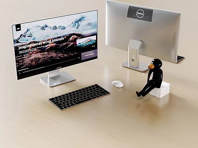 Modern Desktop Setup With Two Dell Monitors Keyboard And Mouse 3d model