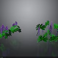 Purple Flowers With Green Leaves On Two Plant Clusters In Gray Background With Reflections