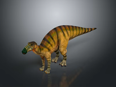 3D Dinosaur Character Standing With Colorful Stripes Green Beak And Reflective Surface 3d model