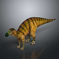 3D Dinosaur Character Standing With Colorful Stripes Green Beak And Reflective Surface