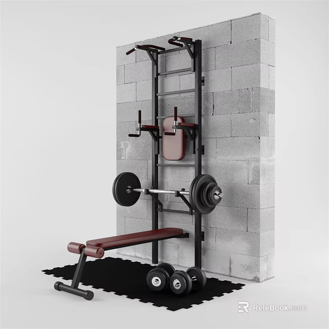 Fitness Equipment For Home Gym With Wall Mounted Rack Pull Up Bar And Weight Bench 3d model 