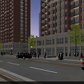 Modern Commercial Street With High Rise Buildings Storefronts Cars Pedestrians Trees And Street Lamps