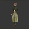 Woman With Pink Hair Wearing Green Top Yellow Apron Green Skirt And Brown Gloves