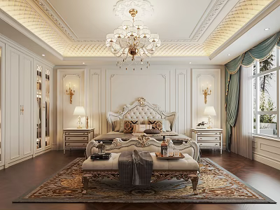 Luxurious Classical Bedroom Interior With Chandelier Tufted Headboard Nightstands And Area Rug 3d model