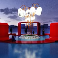 Garden Ornament With White Spherical Decor And Red Curved Seats In Outdoor Area