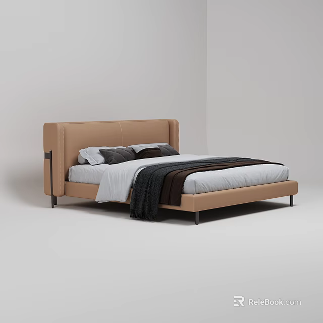 Modern Minimalist Double Bed With Brown Upholstered Headboard And Frame White Sheets Gray Throws 3d model