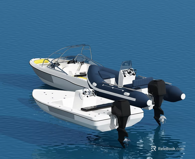 White Motorboat and Inflatable Boat Floating on Blue Water with Black Engines 3d model 