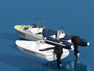 White Motorboat and Inflatable Boat Floating on Blue Water with Black Engines 3d model
