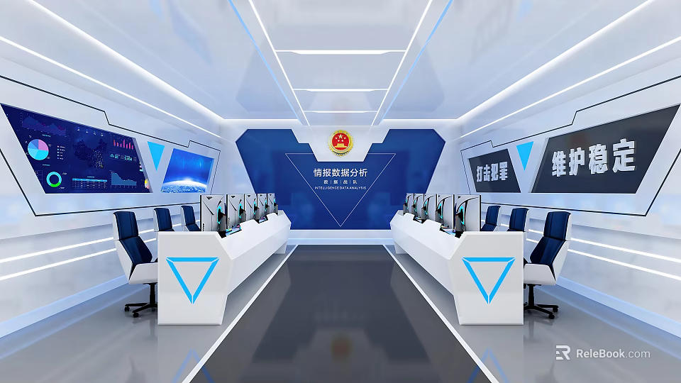 Modern Chinese Emergency Management Command Center Interior With Control Consoles Screens And Ergonomic Chairs 3d model 