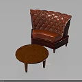Red Tufted Leather Chair And Round Wooden Coffee Table With Wood Grain