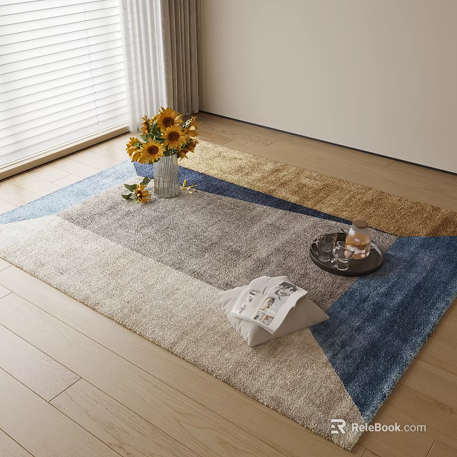 Square Area Rug With Blue Grey Beige Color Block Sunflower Bouquet Tray On Wooden Floor 3d model 